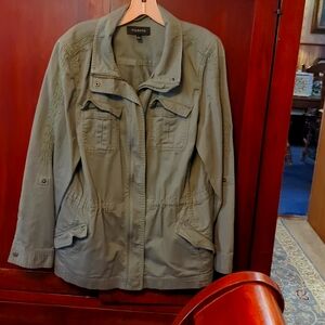 Talbots Cotton Embroidered Safari Jacket. Hidden zipper, drawstring waist, tabs